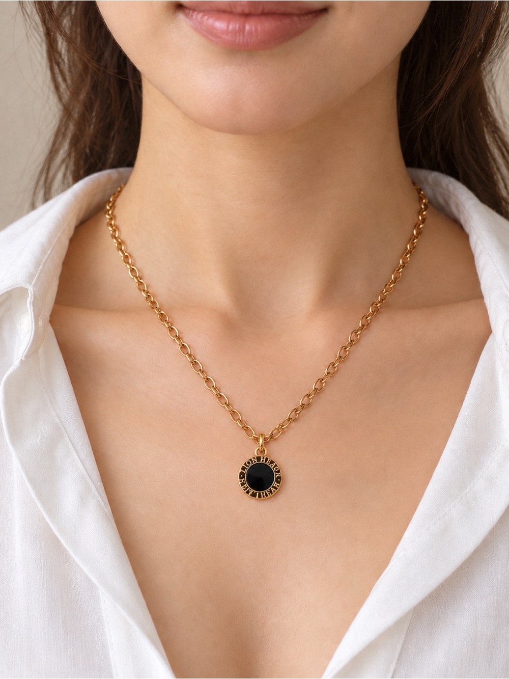 Lion Heart Gold Tone Stainless Steel Black Round Logo Pendant Necklace NWT